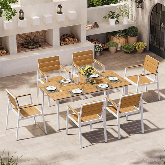 Aluminum Outdoor Dining Set for 6, Patio Table and Chairs Set with Umbrella Hole, 7 Pieces HDPS Outdoor Furniture Sets for Patio, Garden (White & Teak)