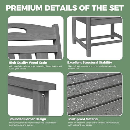 HDPE Outdoor Patio Dining Set with Table & 4 Chairs, All-Weather 5-Piece Outdoor Table and Chairs, 2" Umbrella Hole, Patio Furniture for Garden, Backyard, Deck | Grey