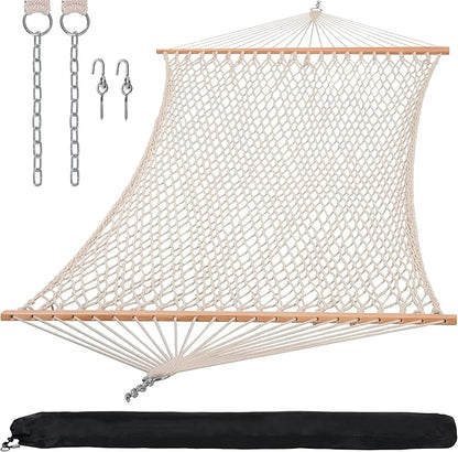 SUNCREAT Hammocks Traditional Rope Double Hammock with Hardwood Spreader Bar and Carrying Bag, 450 lbs Capacity, Natural