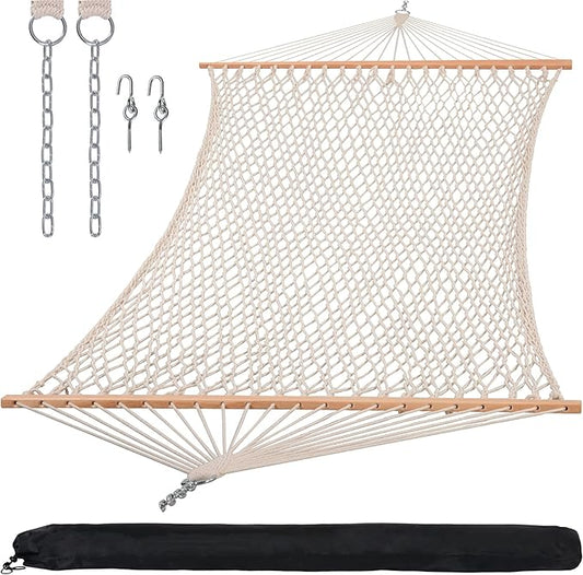 SUNCREAT Hammocks Traditional Rope Double Hammock with Hardwood Spreader Bar and Carrying Bag, 450 lbs Capacity, Natural