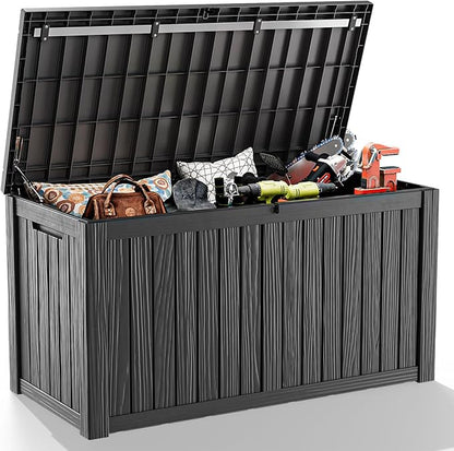 ROJIK Outdoor Storage Housing Deck Box - Waterproof Patio Furniture, Garden Tools, Cushions, Pool Accessories Storage Bench with Lockable Lid and Side Handles (Black 158 Gal)