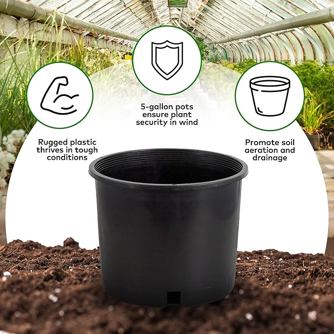 Pro Cal HGPK5PHD Round Circle 5 Gallon Wide Rim Durable Injection Molded Plastic Garden Plant Nursery Pot for Indoor or Outdoor (Set of 5)