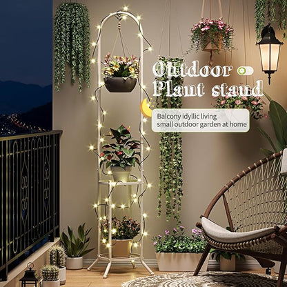 BMOSU Plant Stand with Hooks Indoor Outdoor Corner Tall Plant Stand Heavy-Duty Metal 3-Tier Plant Shelf Holder Rack for Patio Garden Balcony Living Room Bedroom(circular White)