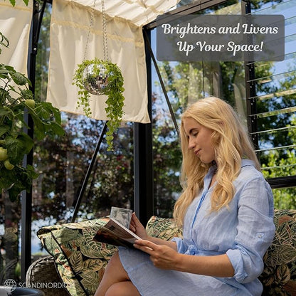 SCANDINORDICA Disco Ball Planter – Value Package: Mirror Disco Planter with Chain, Macrame Hanger and Acrylic Stand for Desk, Includes Self Watering Insert, Disco Ball Decor | 6 inch Silver