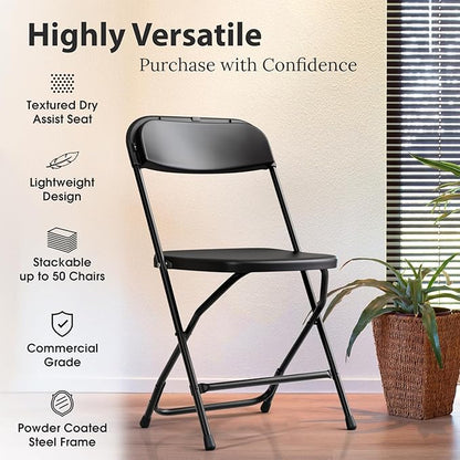 4 PACK White Foldable Plastic Chair | Folding & Stackable | 350 lbs Capacity Steel Frame Seats for Indoor Outdoor | Commercial Use Events Wedding Party Events Bulk Picnic Kitchen Dining