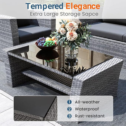 Wisteria Lane 4 Piece Patio Furniture Set, Wicker Outdoor Patio Conversation Furniture Set, All Weather Outdoor Patio Sofa with Cushion and Glass Table, Black