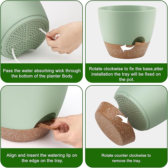 Plant Pots 10/9/8/7.5/7 Inch Self Watering Pots, Set of 5 Plastic Planters with Drainage Holes and Saucers,Plastic Flower Pots,Nursery Planting Pot for Indoor Out Door Plants（Green）