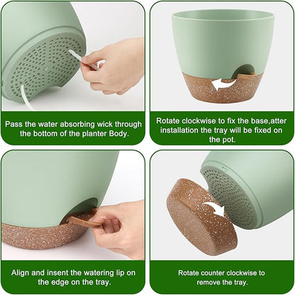 Plant Pots 10/9/8 Inch Self Watering Pots, Set of 3 Plastic Planters with Drainage Holes and Saucers,Plastic Flower Pots,Nursery Planting Pot for Indoor Out Door Plants（Green）