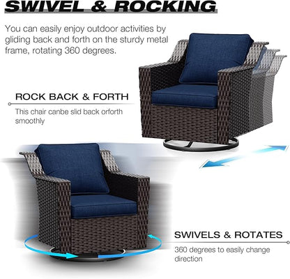 Joyside Wicker Patio Furniture Sets, 10 Pieces Upgraded Large Size Outdoor Furniture with 4 Swivel Rocking Patio Chairs, 3-Seat Sofa, Outdoor Ottoman, Thick Cushions, Wide Armrest, Blue