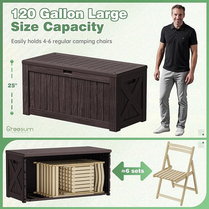 Greesum Outdoor Storage Box 120 Gallon Storage Bin with Lid for Patio Furniture, Garden Tools, Pool Supplies, Lockable, Waterproof and UV Resistant, Dark Brown