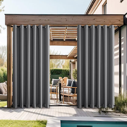 NICETOWN 2 Panels Outdoor Curtains for Patio Waterproof 108" Length, Thermal Insulated Rustproof Top and Bottom Grommet Fixed Weighted Blackout Outdoor Drapes for Porch/Gazebo, Grey, W84 x L108