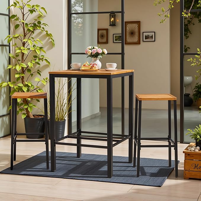 Devoko Acacia Wood Outdoor Patio Bar Set for 2, Square Counter Height Table with 2 Stools, Dining Bar Set for Garden, Deck, Pool Side, Dining Room, Kitchen, Living Room