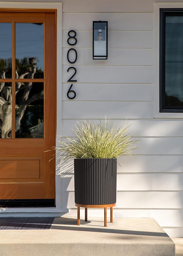 Veradek Demi Series Round Planter w/Stand for Porch/Patio | Durable Plastic-Stone Composite & Wooden Stand | Modern Décor for Tall Plants, Flowers