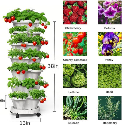 7 Tiered Strawberry Planters 3 Pack, Vertical Stackable Planter, Herb Stacking Tower Garden, Flower and Vegetable Planters with Support Pole Indoor & Outdoor with Removable Wheels Dark Grey
