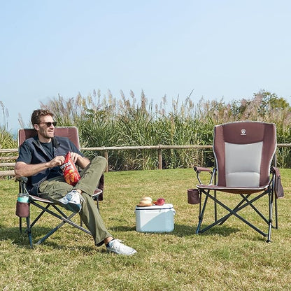 EVER ADVANCED Oversized Folding Camping Chair, for Adults Heavy Duty Lawn Chair with Side Pockets, Portable Collapsible Quad Chair for Outside, Support Up to 500lbs, Red 2Pack
