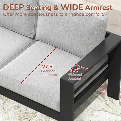 Solaste Aluminum Patio Loveseat, Metal Patio Sofa with Water-Resistant Cushion, Weather-Resistant Modern Outdoor Loveseat, Black Frame Grey Cushion