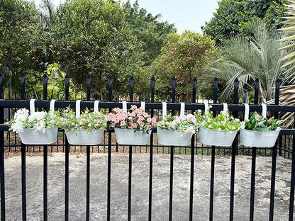 10" Hanging Flower Pots, Pack of 8 White Metal Outdoor Patio Balcony Planter, Railing Planters Fence Pot with Detachable Hook & Drainage Hole for Small Plants (White, 8Pcs)
