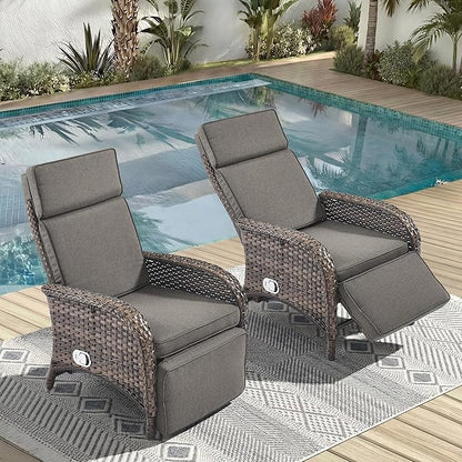Zero Gravity Wicker Patio Recliner Chairs Set of 2 - Wicker Outdoor Lounge Chair with Adjustable Backrest & Footrest, All Weather Outdoor Reclining Chairs with Thick Cushion for Pool Deck Grey