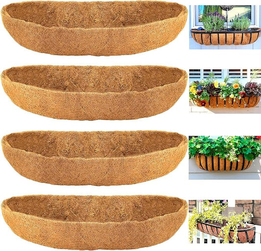 Coco Liners for Planters - 4 Pack 24 Inch Trough Coconut Liners for Planters, Window Box Coco Liners, 100% Natural Coconut Fiber Liners for Wall Hanging Basket, Window Box, Fence Baskets