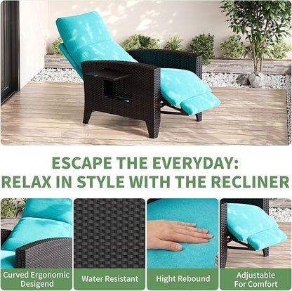 IDEALHOUSE Wicker Outdoor Recliner Reclining Patio Chairs with Adjustable Back & Footrest 150° Lay-Flat Reclining with Air Pump Rattan Flip-Up Side Table Outdoor Lounge Chairs for Pool Deck Balcony