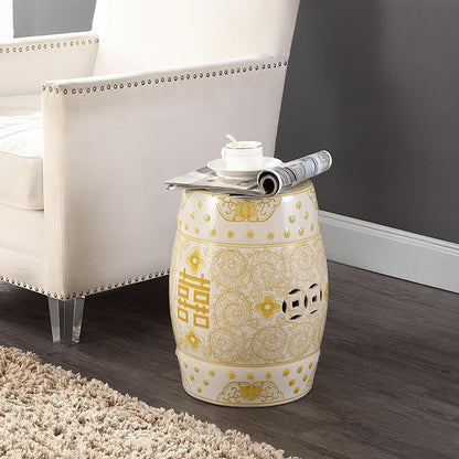 JONATHAN Y TBL1013B Double Happiness 18" Chinoiserie Ceramic Drum Indoor/Outdoor Garden Stool Bohemian, Coastal, Classic, Cottage,Traditional, Patio, Garden, Bathroom, Living Room, Yellow/White