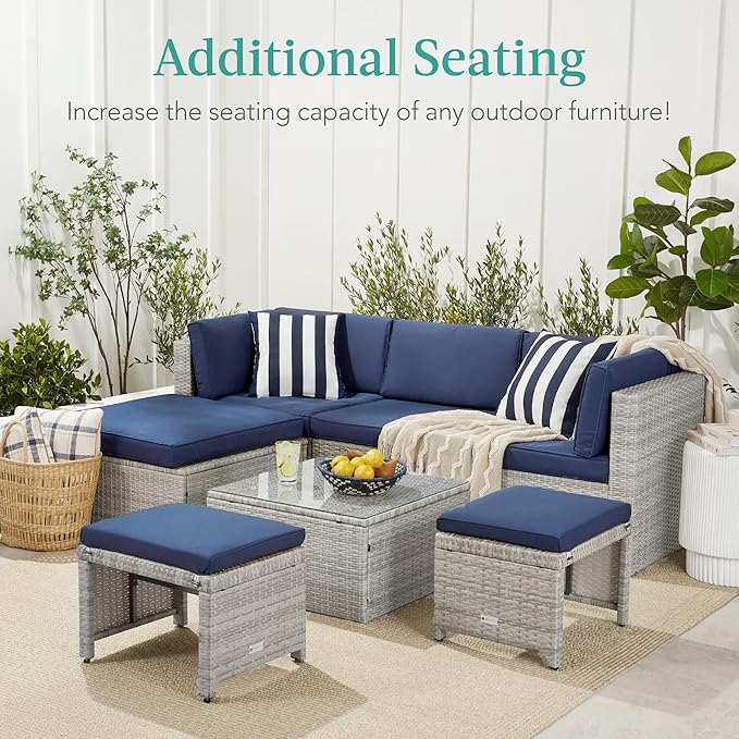 Best Choice Products Set of 2 Wicker Ottomans, Multipurpose Outdoor Furniture for Patio, Backyard, Additional Seating, Footrest, Side Table w/Removable Cushions, Steel Frame - White Sand/Taupe
