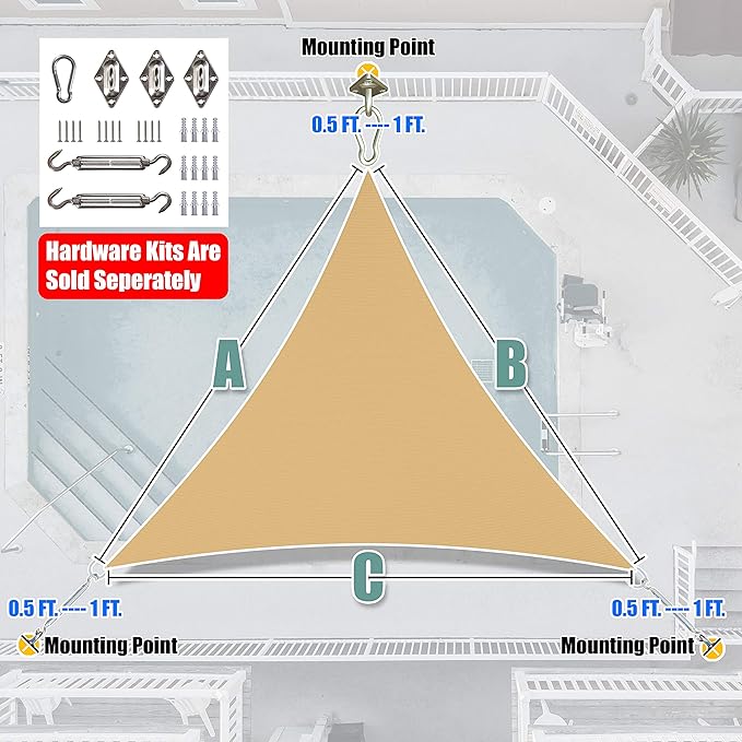 Amgo Custom Size 19' x 19' x 19' Sand Beige Triangle Sun Shade Sail Order to Make Canopy Awning UPF50+ AGSLT, 95% UV Blockage, Water & Air Permeable, 200GSM Commercial Standard (We Customize)