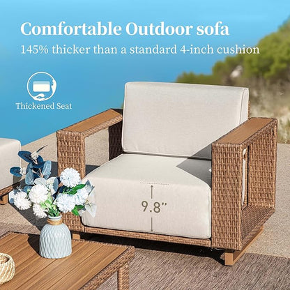 L Shaped Patio Furniture,Outdoor Rattan Wicker Sectional Sofa with 10''Ultra-Thick Cushions,All Weather Patio Conversation Set for Lawn Garden Backyard,Beige