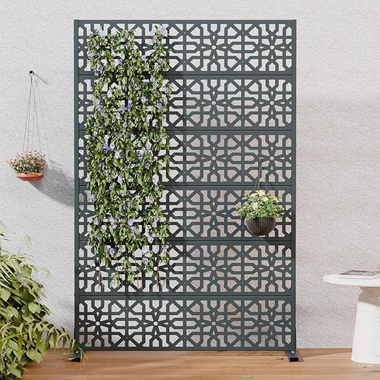 Casaphoria Metal Privacy Screen Outdoor, 72" H x 47" W Freestanding Decorative Privacy Screen for Patio Deck Balcony Garden with Stable Base, Drakgrey-Perilla