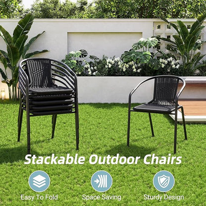 Amopatio Outdoor Dining Chairs Set of 6, Rattan Patio Chairs Wicker, Stackable Indoor-Outdoor Chair, Bistro, Deck, Yard, Porch, Restaurant Stack Chairs, Black