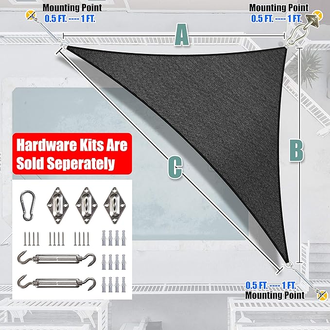 Amgo Custom Size 15' x 17' x 22.7' Black Right Triangle Sun Shade Sail UPF50+ AGTAPRT12, Order to Make Canopy Awning, 95% UV Blockage, Water & Air Permeable, Commercial Standard (We Customize)