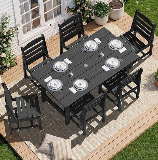SERWALL Patio Dining Sets for 6 Person, HDPE Dining Set with 6 Armless Chairs, Black
