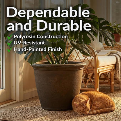 Sunnydaze 20-Inch Anjelica Large Plastic Pot for Plants - Outdoor Double-Walled Large Plastic Planter with Drillable Drainage Holes - Rust - 2pk