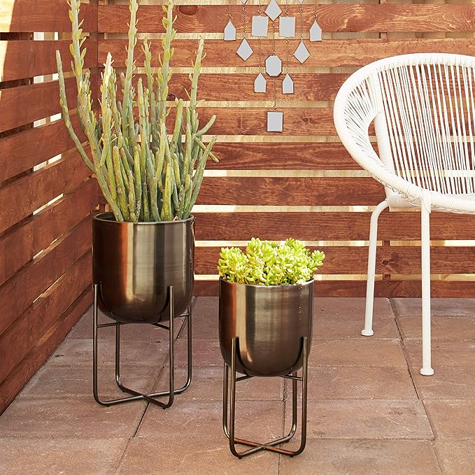 Deco 79 Metal Round Planter with Removable Stand, Set of 2 16", 13"H, Black