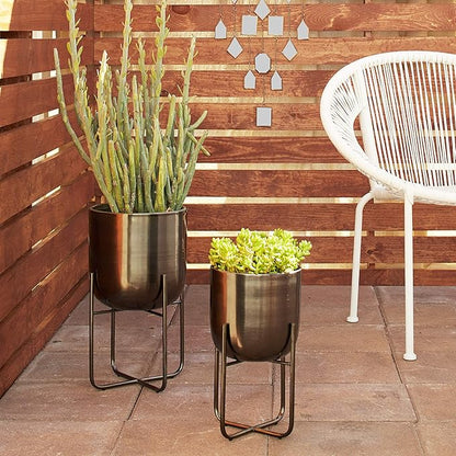 Deco 79 Metal Round Planter with Removable Stand, Set of 2 16", 13"H, Black