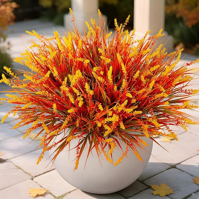 Artificial Fake Plants Flowers for Outdoors Fall Decor, 12 Bundles Fall Leaves Faux Lavender Flowers for Autumn Decoration, Fake Shrubs UV Resistant Planter No Fade for Garden Porch Balcony(Brown)