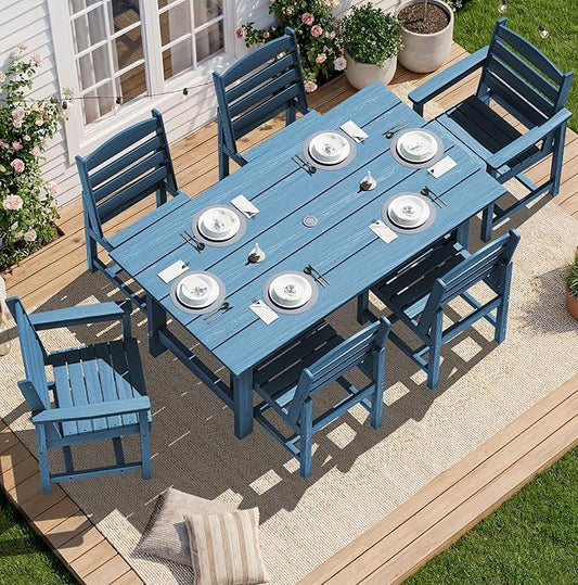 SERWALL Patio Dining Sets for 6 Person, HDPE Dining Set with 6 Armless Chairs, Blue