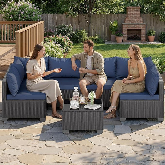 Skyfish 7 Pieces Patio Furniture Sofa - Outdoor Sectional Wicker Rattan Furniture with Cushion and Glass Table Patio Conversation Sets for Porch Poolside Backyard Outdoor Sofa Set Modular Sofa