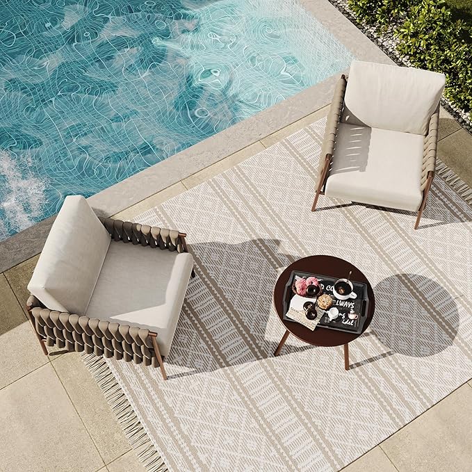 East Oak 3-Piece Patio Furniture Set | Armchairs & Coffee Table | Outdoor Furniture with Cushions | Deep Seating Modern Conversation Set | Garden, Porch, Balcony & Backyard | Chestnut & Apricot