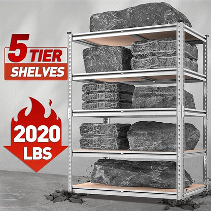 REIBII 2020LBS Garage Shelving Heavy Duty 5 Tier Storage Shelves Adjustable Metal Shelving for Basement, Warehouse, Pantry, Closet, Kitchen, Easy Assembly, 72" H x 35.55" W x 16" D, Galvanized