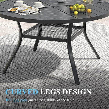VICLLAX Patio Dining Set for 6, All Weather Metal Outdoor Furniture Set- 47" Round Patio Table and Chairs, Black Tabletop and Blue Fabric