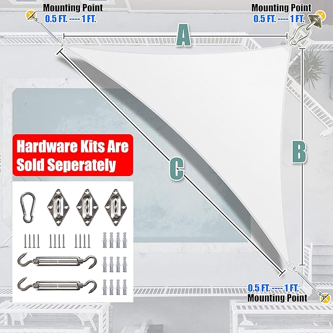 Amgo Custom Size 19' x 19' x 26.9' White Right Triangle Sun Shade Sail Order to Make Canopy Awning UPF50+ AGSLT, 95% UV Blockage, Water & Air Permeable, 200GSM Commercial Standard (We Customize)