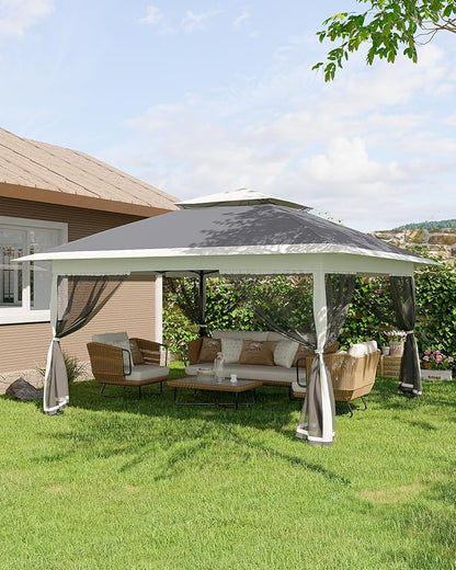 Canopy Tent 12x12 ft, Pop Up Gazebo One-Push Setup with 4 SandBags for Backyard Parties and BBQs, Mosquito Netting & Height Adjustable - Grey