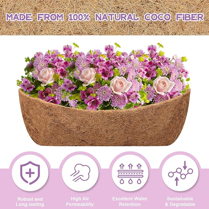 Riare 4 Pack 36 Inch Trough Coir Liners for Planters, Pre-Formed Coconut Coir Replacement Natural Coco Fiber Window Box Liners for Wall Planter, Window Basket Deck Railing Planter