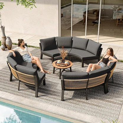 Outdoor Patio Sectional Modular Sofa, Aluminum 1 Piece Curved Patio Couch with Washable Cushions, All Weather PE Rope Sofa for Backyard,Porch, Deck, Poolsid, Graphite