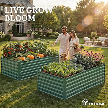 YITAHOME 6x3x2 ft Galvanized Raised Garden Bed Kit, Large Metal Planter Box with Gloves & Support Rod, Outdoor Flower Bed for Plants Vegetables, Green