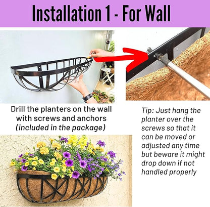 LaLaGreen 30 Inch, 4 Pack Window Boxes Planters – Black Metal Window Boxes for Outdoor Plant, Wall Mount Flower Pot with Coco Coir Liner, Attach to House Fence Balcony Herb for Patio Porch Garden