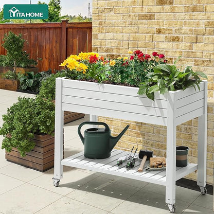 YITAHOME 43.3x17.7x34 in Elevated Garden Bed 2pcs, Outdoor Plastic Planter Box with Wheels, Legs, Drain Plug, and Storage Shelf for Plants, Vegetables, Flowers, Herbs, Grayish-White