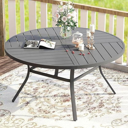 VICLLAX Round Patio Table with Adjustable Umbrella Hole for 8, All Weather Metal Outdoor Dining Table for Lawn Garden, 59.8" Outdoor Coffee Table, Grey Tabletop