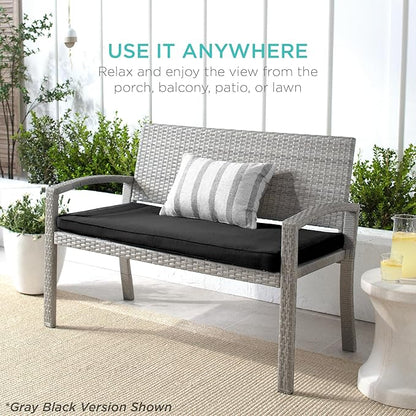 Best Choice Products Outdoor Bench 2-Person Wicker Garden Patio Benches Seating Furniture for Backyard, Porch w/Seat Cushion, 700lb Capacity - Midnight Green/Brown